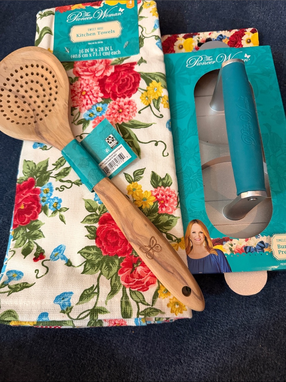 The Pioneer Woman Kitchen Towels,Slotted Spoon,& Burger Press